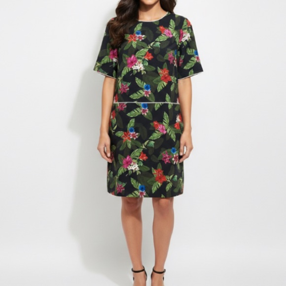 Simons Tropical Print Shift Dress Size Small Black